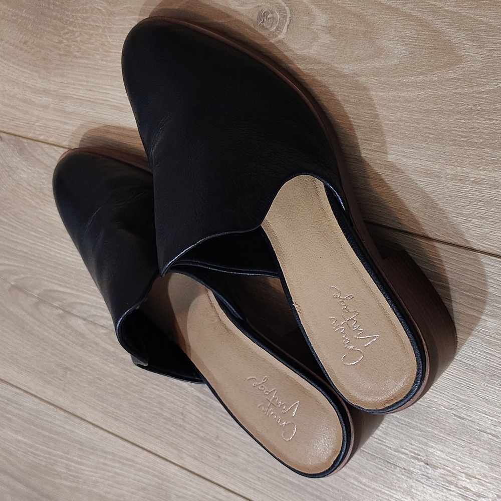 Black Leather Slip-On Mules,  Crown Vintage Rydel Black Leather Slip on Low Heel - Picture 5 of 12